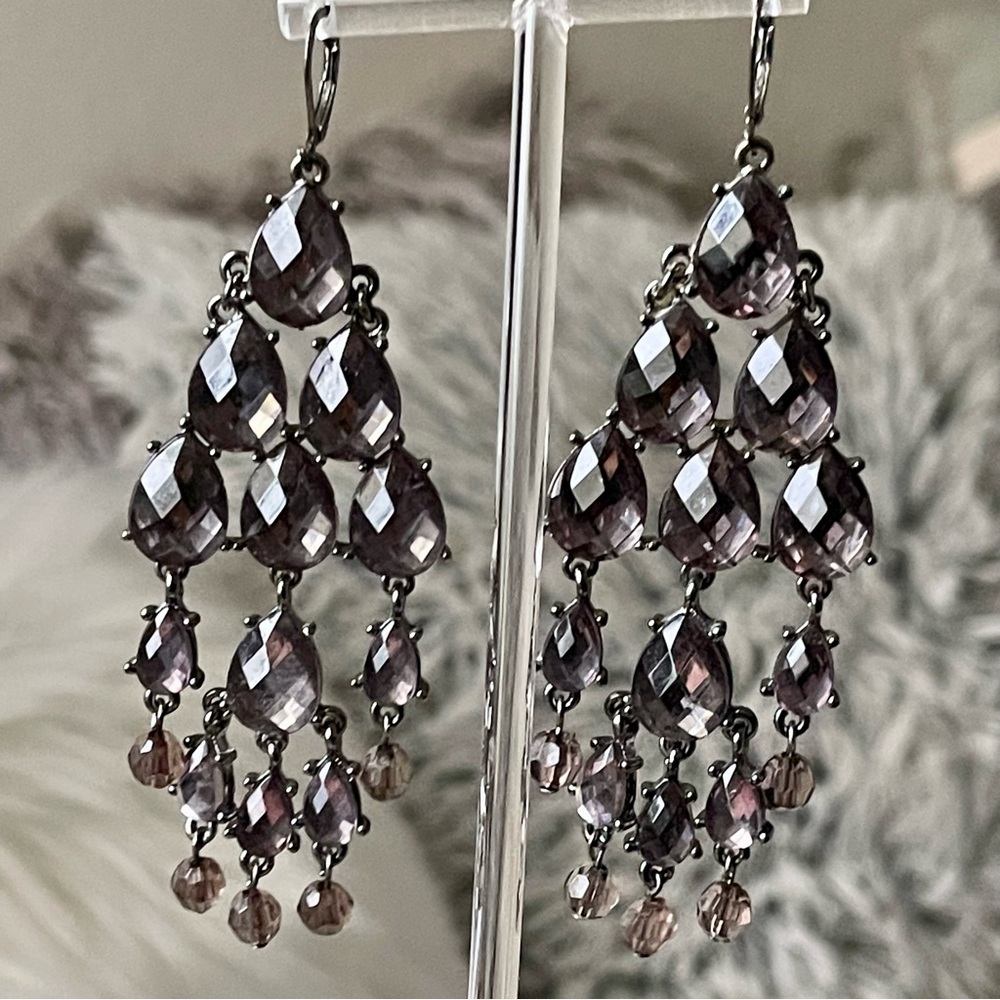 Gray Purple Hue Rhinestone Crystal Long Chandelier 3.5" Drop Gunmetal Earrings
